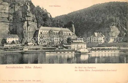 AK / Ansichtskarte Herrnskretschen Tschechien Boehmen Elbepartie Dampfer Schloss Hotel Hennhaus Kat. Hrensko