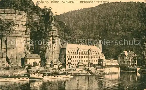 AK / Ansichtskarte Herrnskretschen Tschechien Boehmen Elbepartie Dampfer Schloss Kat. Hrensko