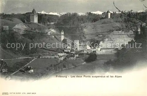 AK / Ansichtskarte Fribourg FR Les deux Ponts suspendus et les Alpes Kat. Fribourg FR