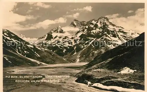 AK / Ansichtskarte Bielerhoehe Landschaftspanorama Alpen Piz Buin Silvrettahorn Schattenspitze Eckhorn Kat. Gaschurn