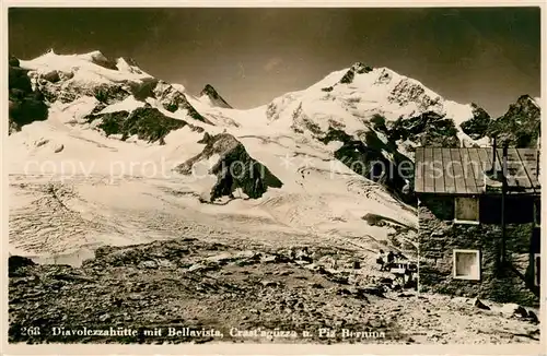 AK / Ansichtskarte Diavolezzahuette Berghuette mit Bellavista Piz Bernina Gebirgspanorama Berninagruppe Kat. Diavolezza