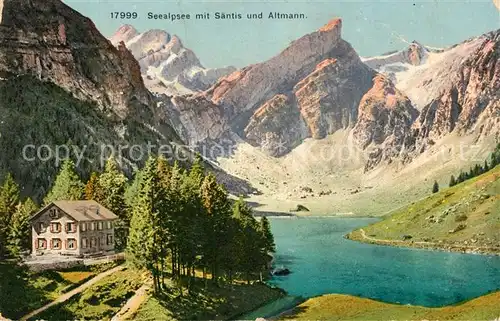 AK / Ansichtskarte Seealpsee Berghaus Bergsee mit Saentis und Altmann Appenzeller Alpen Kat. Schwende