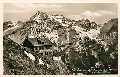 AK / Ansichtskarte Berninabahn Bergrestaurant Belvedere Alp Gruem mit Pizzo di Sena Gebirgspanorama Alpen Kat. Eisenbahn
