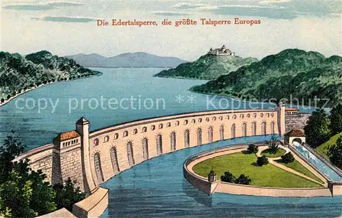 AK / Ansichtskarte Edertalsperre Groesste Talsperre Europas Schloss Waldeck Kuenstlerkarte