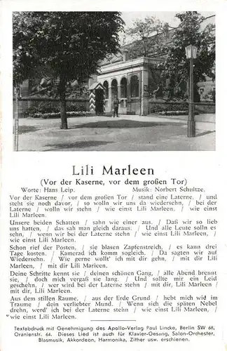 AK / Ansichtskarte Liederkarte Lili Marleen Vor der Kaserne vor dem grossen Tor  Kat. Musik