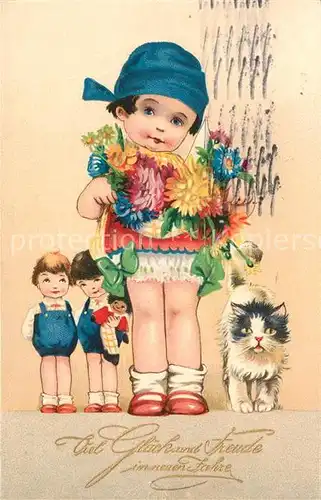 AK / Ansichtskarte Neujahr Kinder Blumen Puppe Katze Litho Kat. Greetings