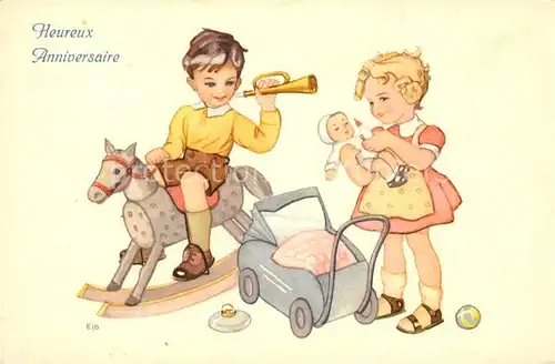 AK / Ansichtskarte Puppen Kinder Schaukelpferd Trompete Kinderpuppenwagen  Kat. Spielzeug
