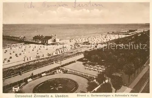 AK / Ansichtskarte Zinnowitz Ostseebad Strand und Gartenanlagen von Schwabe s Hotel Fliegeraufnahme
