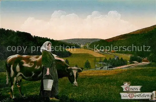 Westfalen Region Westfalenlied Baeuerin mit Kuh Landschaftspanorama Kat. Melle