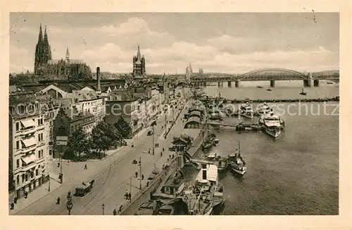 AK / Ansichtskarte Koeln Rhein Panorama Rheinufer Bootsanleger Dampfer Bruecke Koelner Dom Kat. Koeln