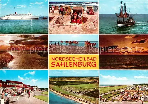 AK / Ansichtskarte Sahlenburg Zeltplatz Segelschiff Strand Faehrschiff Abendstimmung Kat. Cuxhaven