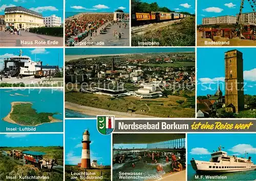 AK / Ansichtskarte Borkum Nordseebad Haus Rote Erde Kurpromenade Inselbahn Badestrand Kutschfahrten Kat. Borkum