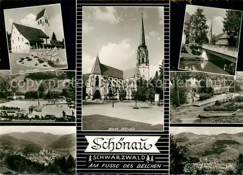 AK / Ansichtskarte Schoenau Schwarzwald Evangelische und katholische Kirche Schwimmad Panoramen Kat. Schoenau im Schwarzwald