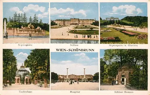 AK / Ansichtskarte Wien Schoenbrunn Neptungrotte Schloss Gloriette Taubenhaus Haupttor Schoener Brunnen Kat. Wien