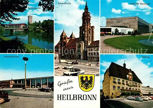 AK / Ansichtskarte Heilbronn Neckar Neckar Bruecke Kilianskirche Festhalle Harmonie Hauptbahnhof Rathaus Wappen Kat. Heilbronn
