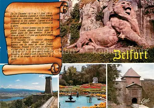 AK / Ansichtskarte Belfort Alsace Le Lion oeuvre de Bartholdi Tour de la Miotte Square E. Lechten Porte de Brisach Kat. Belfort