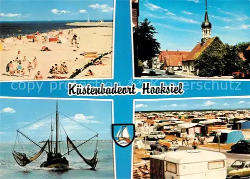AK / Ansichtskarte Hooksiel Nordseebad Kuestenbadeort Strand Kirche Campingplatz Fischerboot Kat. Wangerland