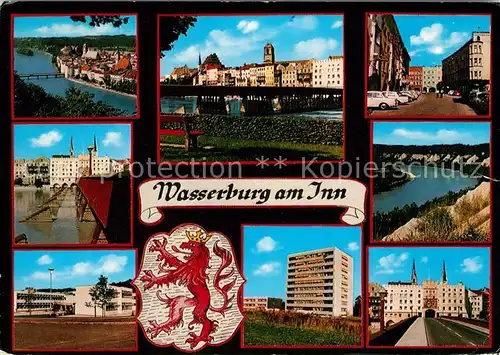 AK / Ansichtskarte Wasserburg Inn Stadtpanorama Innbruecke Innenstadt Siedlung Hochhaeuser Wappen Kat. Wasserburg a.Inn