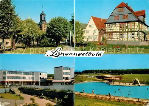 AK / Ansichtskarte Langenselbold Kirche Marktplatz mit goldenem Engel Schule am Weinberg Schwimmbad Freibad Kat. Langenselbold