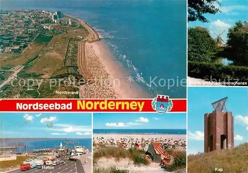 AK / Ansichtskarte Norderney Nordseebad Fliegeraufnahme mit Strand Muehle Napoleonschanze Kap Hafen Kat. Norderney