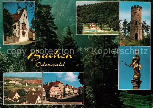 AK / Ansichtskarte Buchen Odenwald Teilansichten Strassenpartie Turm Statue Freibad Wald Natur Kat. Buchen (Odenwald)