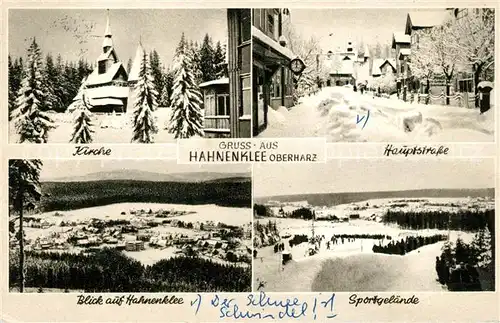 AK / Ansichtskarte Hahnenklee Bockswiese Harz Kirche Hauptstrasse Panorama Sportgelaende Kat. Goslar