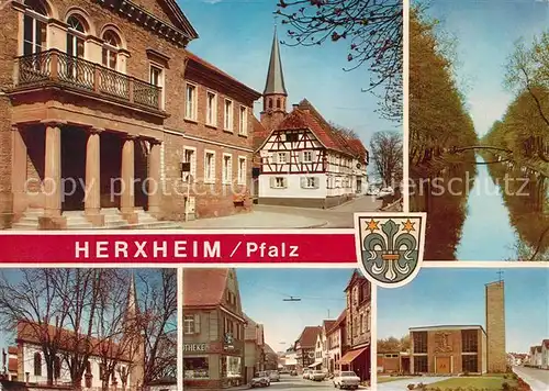 AK / Ansichtskarte Herxheim Pfalz Ortsmotive mit Kirche Strassenpartie Partie am Fluss Wappen Kat. Herxheim bei Landau  Pfalz