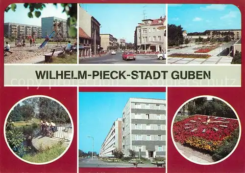 AK / Ansichtskarte Guben Wilhelm Pieck Stadt Kinderspielplatz Blumenuhr Plattenbauten Stadtpark Kat. Guben