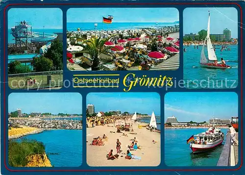 AK / Ansichtskarte Groemitz Ostseebad Freibad Rutschbahn Strand Promenade Segeln Ausflugsboot Kat. Groemitz