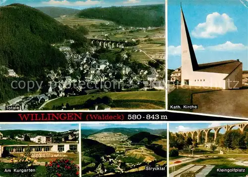 AK / Ansichtskarte Willingen Sauerland Kurgarten Katholische Kirche Strycktal Panorama Kleingolfplatz Kat. Willingen (Upland)