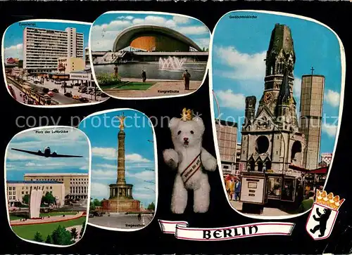 AK / Ansichtskarte Berlin Zooviertel Hochhaus Kongresshalle Gedaechtniskirche Platz der Luftbruecke Denkmal Siegessaeule Wappen Berliner Baer Kat. Berlin