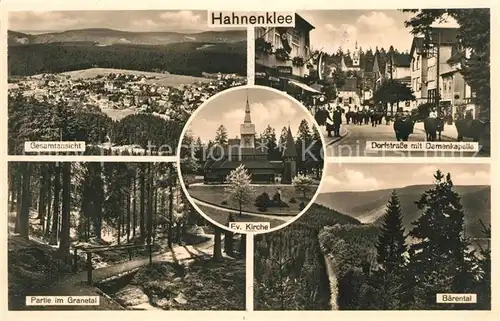 AK / Ansichtskarte Hahnenklee Bockswiese Harz Gesamt Dorfstrasse mit Damenkapelle Partie im Granetal Baerental Ev Kirche Kat. Goslar