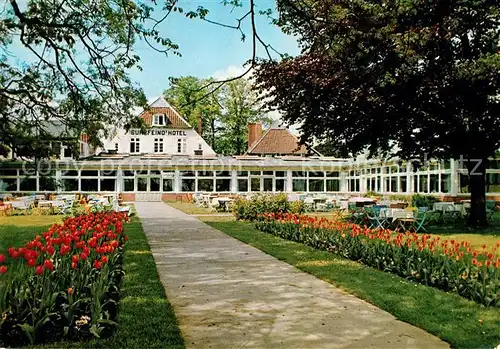 AK / Ansichtskarte Drochtersen Buhrfeind s Gaststaetten und Jugendheim Park Gartenterrasse Blumenbeete Tulpen Kat. Drochtersen