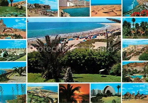 AK / Ansichtskarte Playa del Ingles Gran Canaria Landschaftspanorama Kueste Strand Duenen Kamele Sonnenuntergang am Meer Kat. San Bartolome de Tirajana