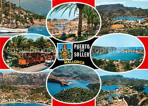 AK / Ansichtskarte Puerto de Soller Hafen Segelschiff Strassenbahn Strand Promenade Palmen Kuestenpanorama Fliegeraufnahme Kat. Mallorca Islas Baleares