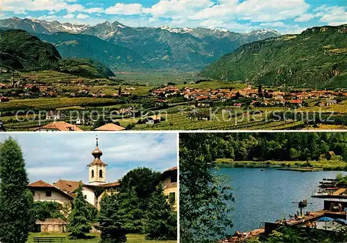 AK / Ansichtskarte Girlan Gesamtansicht mit Alpenpanorama Kirche Badesteg See