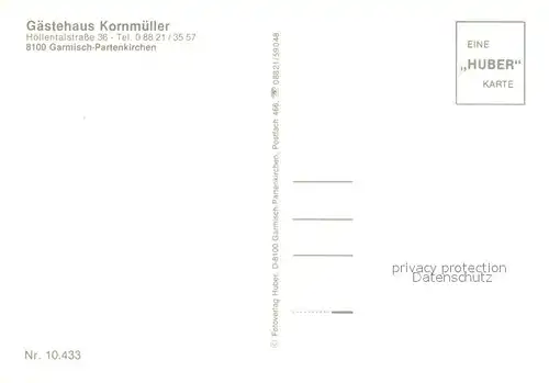 Garmisch Partenkirchen Gaestehaus Kornmueller Alpenblick Huber Karte Nr 10.433 Kat. Garmisch Partenkirchen