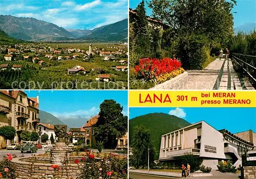 Lana Merano Suedtirol Gesamtansicht mit Alpenpanorama Kurpromenade Ortsmotiv mit Brunnen Kulturhaus