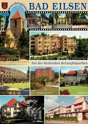 AK / Ansichtskarte Bad Eilsen Kirche Bahnhofstrasse Georg Wilhelm Haus Bueckeberg Klinik Badehotel Kat. Bad Eilsen