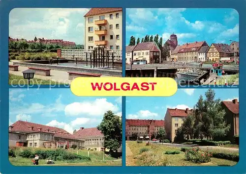 AK / Ansichtskarte Wolgast Mecklenburg Vorpommern Springbrunnen Wohnkomplex Nord Hafen Hotel Vier Jahreszeiten Kat. Wolgast