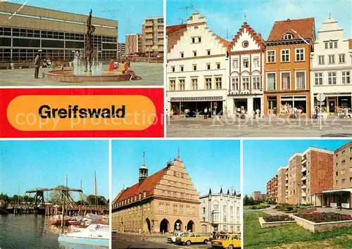 AK / Ansichtskarte Greifswald Plastik vor Sporthalle Platz der Freundschaft Wiecker Bruecke Rathaus Neubaugebiet Schoenwalde II