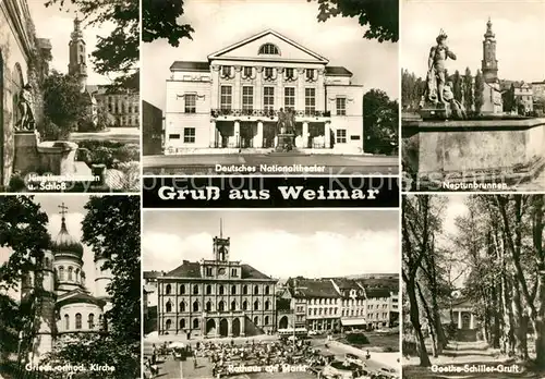 AK / Ansichtskarte Weimar Thueringen Juenglingsbrunnen Schloss Deutsches Nationaltheater Neptunbrunnen Goethe Schiller Gruft Rathaus Markt Griechisch Orthodoxe Kirche Kat. Weimar