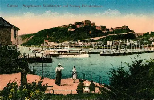 AK / Ansichtskarte Coblenz Koblenz Ausgefahrene Schiffsbruecke mit Festung Ehrenbreitstein Kat. Koblenz Rhein