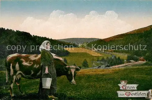 AK / Ansichtskarte Westfalen Region Landschaftspanorama Baeuerin mit Kuh Kat. Melle
