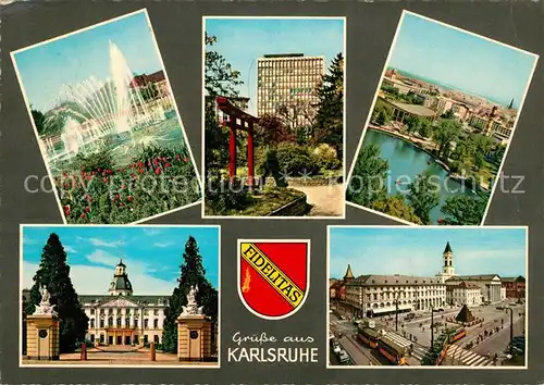 AK / Ansichtskarte Karlsruhe Baden Wasserspiele Fontaene Hochhaus Stadtpark Schloss Platz Innenstadt