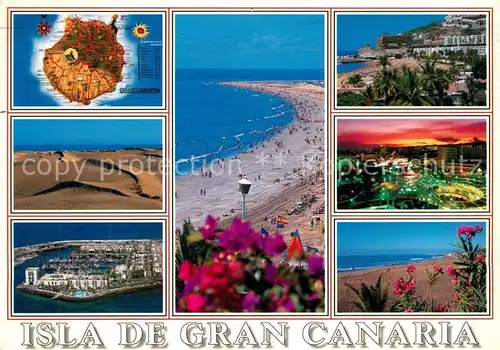 AK / Ansichtskarte Gran Canaria Wuestenlandschaft Hafen Fliegeraufnahme Strand Nachtaufnahme Insel Landkarte Kat. Spanien
