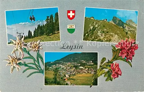 AK / Ansichtskarte Leysin Gesamtansicht Sesselbahn Alpenpanorama Alpenflora Edelweiss Kat. Leysin