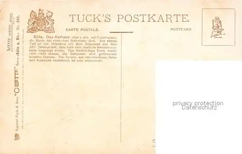 AK / Ansichtskarte Verlag Tucks Oilette Nr. 656 Koeln Rathaus Charles E. Flower  Kat. Verlage