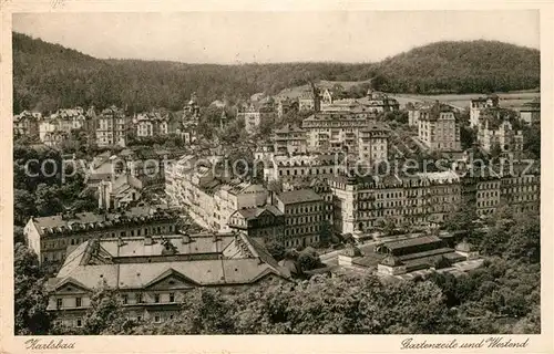 AK / Ansichtskarte Karlovy Vary Fliegeraufnahme Gartenzeile mit Westend Kat. Karlovy Vary Karlsbad