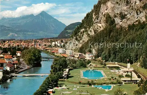 AK / Ansichtskarte Interlaken BE Panorama Strandbad mit Niesen Fliegeraufnahme Kat. Interlaken